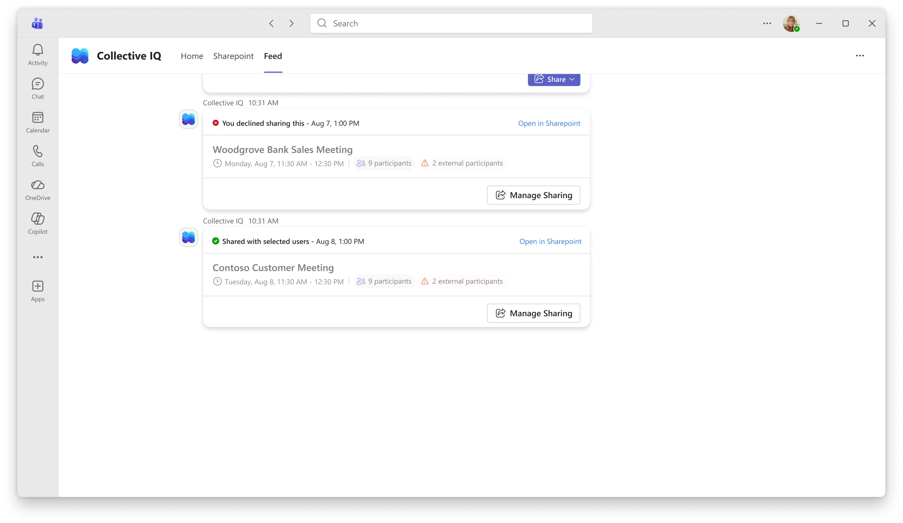 Feed showing contribution status across meetings — shared, declined, and managed